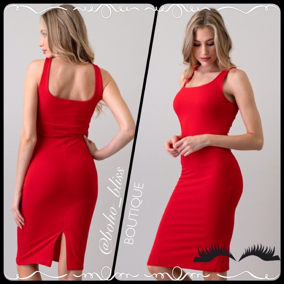 Red Sleeveless Stretch Scoop Neck Midi Dress NWT - Picture 4 of 4